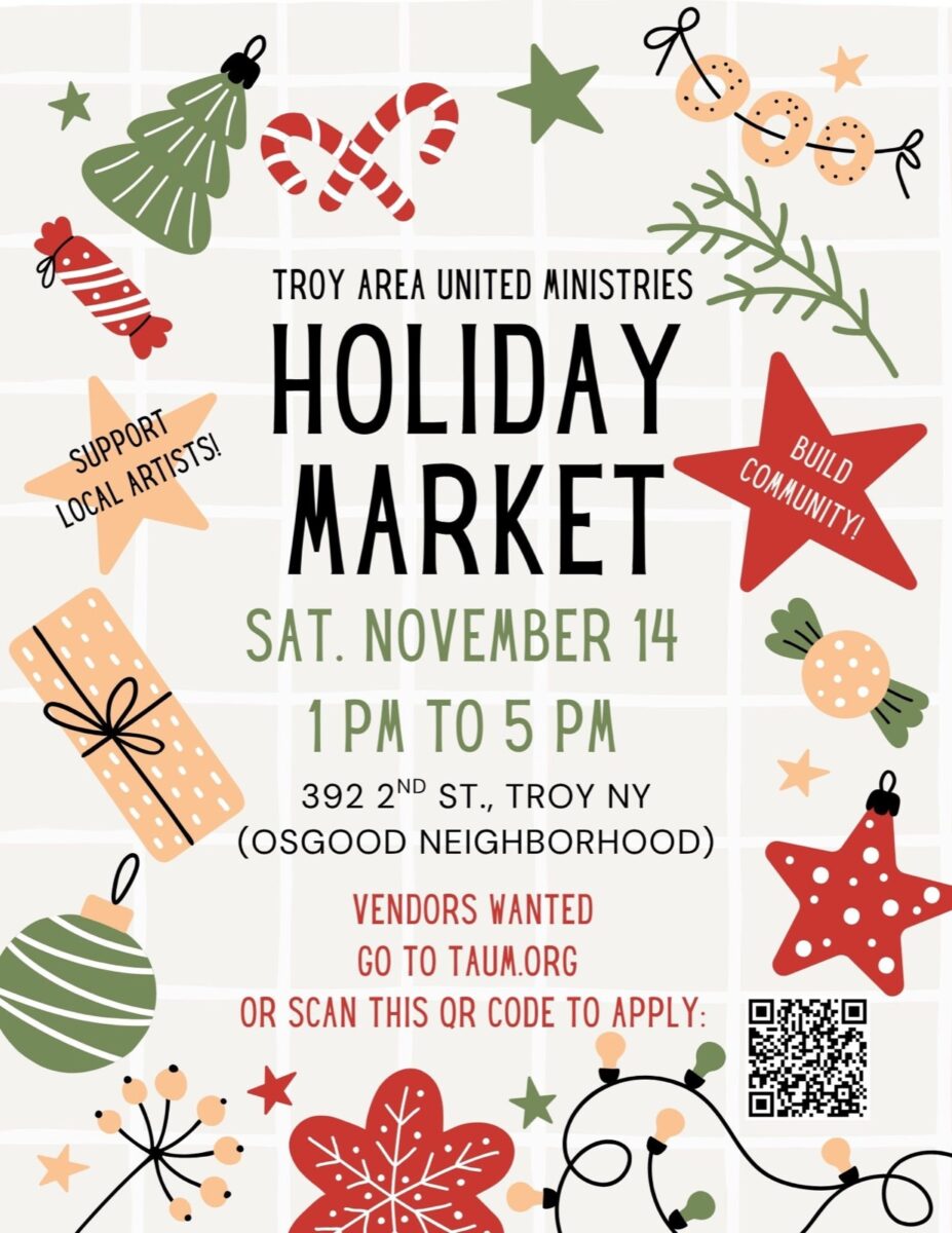 Flyer for the TAUM Holiday Market, Saturday November 14, 1 pm to 5 pm at 392 Second Street, Troy.