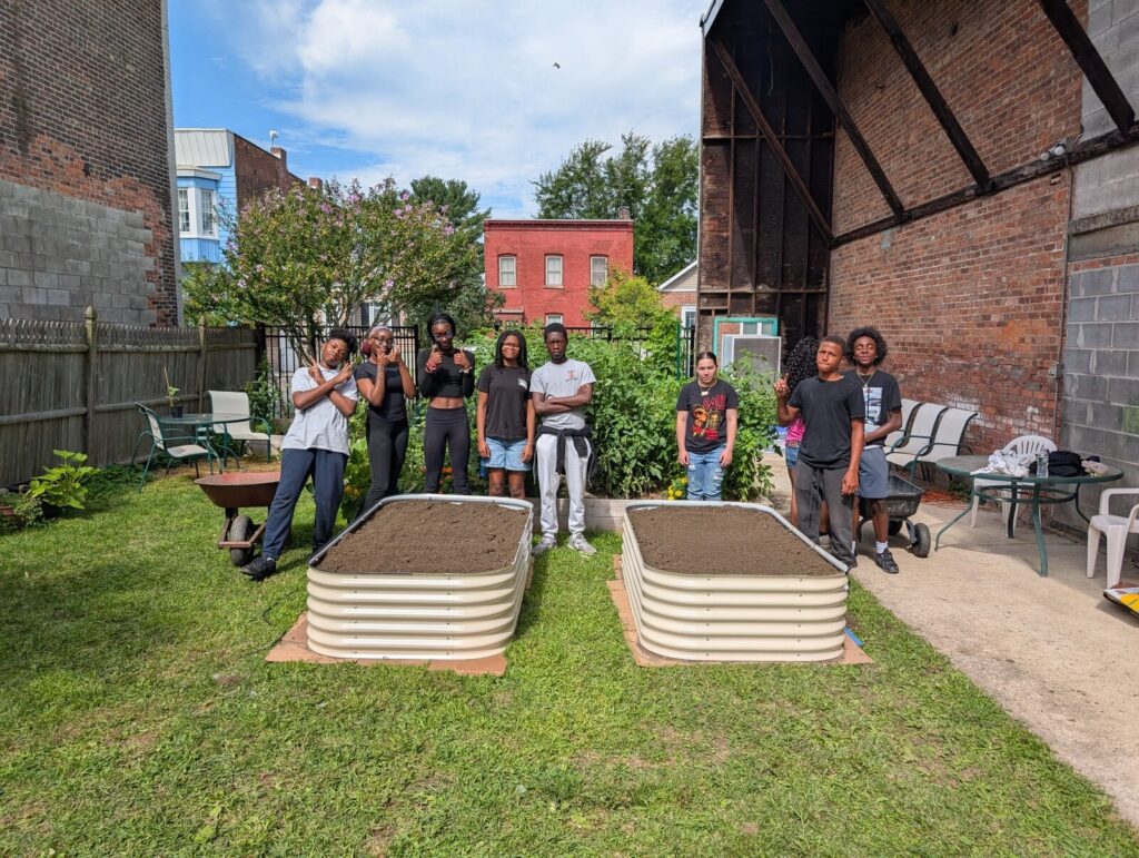 Newly built raised beds filled with soil in the garden behind the building.